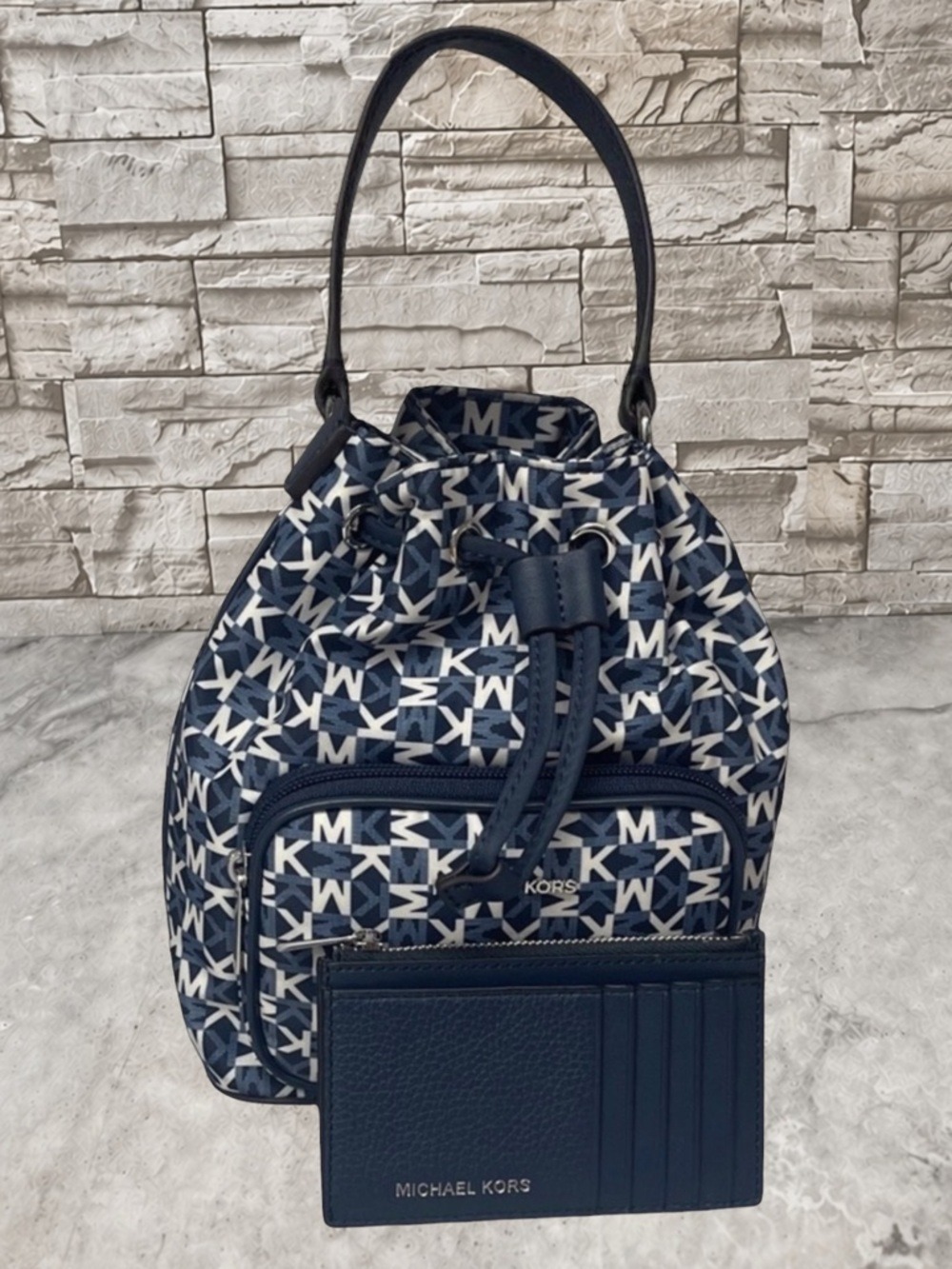 Michael Kors Khai Small Nylon Logo Bucket Bag & Wallet Set Navy White